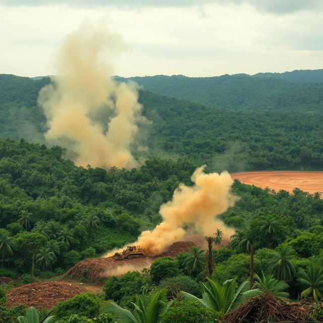 A dramatic scene of deforestation, showcasing a vast area of lush green rainforest being cleared