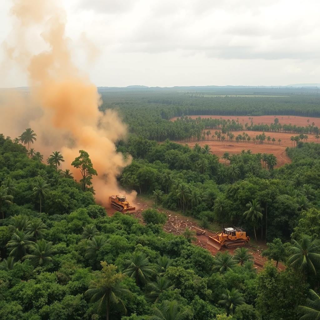 A dramatic scene of deforestation, showcasing a vast area of lush green rainforest being cleared