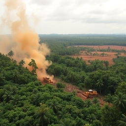 A dramatic scene of deforestation, showcasing a vast area of lush green rainforest being cleared