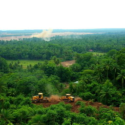 A dramatic scene of deforestation, showcasing a vast area of lush green rainforest being cleared