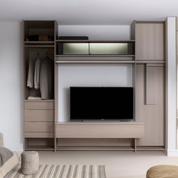 A large, contemporary wall-to-wall TV unit partnered with a wardrobe on the left side featuring a mirror. The lower part of the TV unit is populated with a variety of covered shelves and drawers for ample storage.