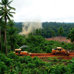 A dramatic scene of deforestation, showcasing a vast area of lush green rainforest being cleared