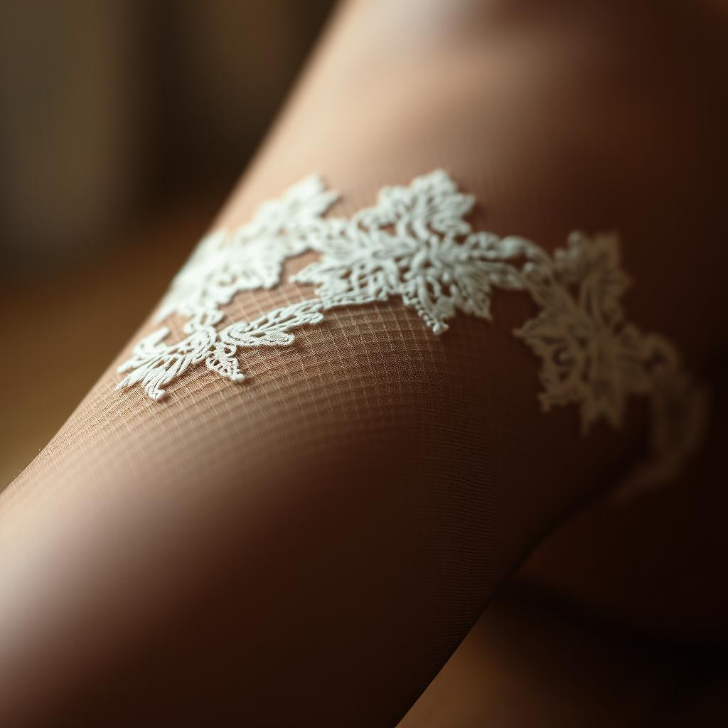 A close-up artistic depiction that highlights the texture and pattern of pantyhose, emphasizing the intricate lace design and the soft, sheer material