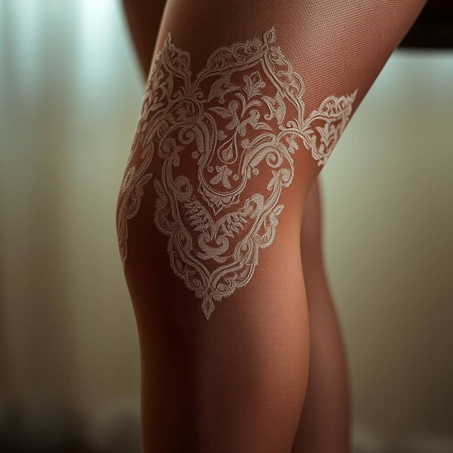 A close-up artistic depiction that highlights the texture and pattern of pantyhose, emphasizing the intricate lace design and the soft, sheer material