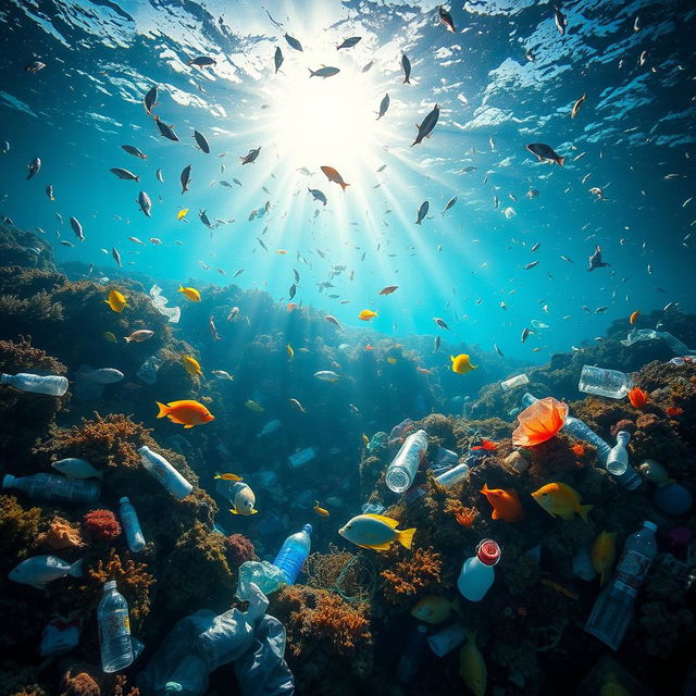 A striking visual representation of marine plastic pollution, depicting a vibrant underwater scene filled with diverse marine life like colorful fish and coral alongside an alarming amount of plastic waste such as bottles, bags, and nets