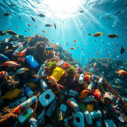 A striking visual representation of marine plastic pollution, depicting a vibrant underwater scene filled with diverse marine life like colorful fish and coral alongside an alarming amount of plastic waste such as bottles, bags, and nets