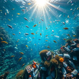 A striking visual representation of marine plastic pollution, depicting a vibrant underwater scene filled with diverse marine life like colorful fish and coral alongside an alarming amount of plastic waste such as bottles, bags, and nets