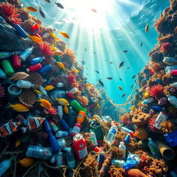 A striking visual representation of marine plastic pollution, depicting a vibrant underwater scene filled with diverse marine life like colorful fish and coral alongside an alarming amount of plastic waste such as bottles, bags, and nets