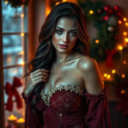 A beautiful and sensual holiday-themed scene, featuring an alluring woman in a tasteful, festive outfit made of rich textures and colors