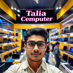 A vibrant computer and laptop store interior featuring a prominent sign that reads 'Talia Computer'