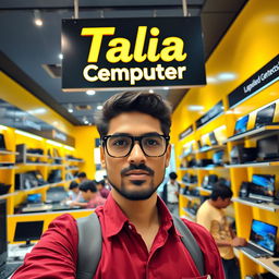 A vibrant computer and laptop store interior featuring a prominent sign that reads 'Talia Computer'