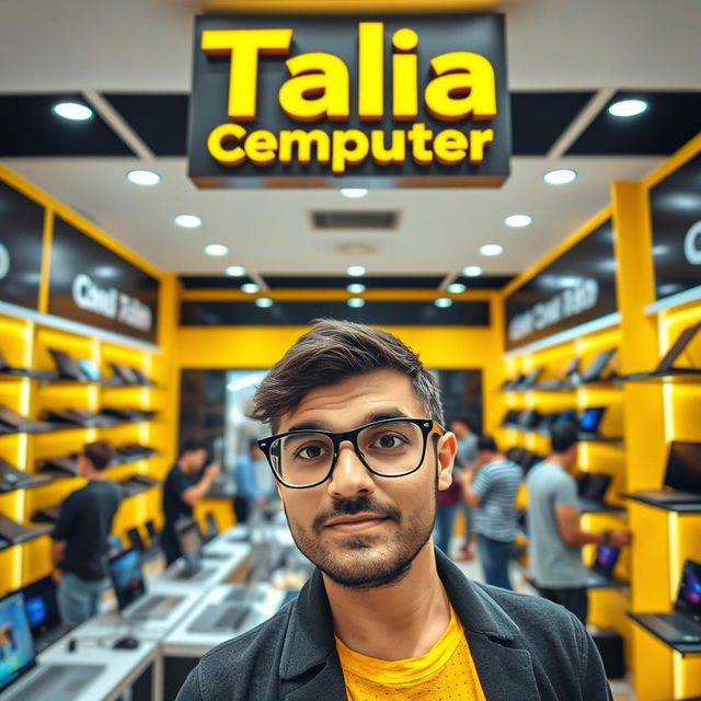 A vibrant computer and laptop store interior featuring a prominent sign that reads 'Talia Computer'