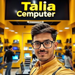 A vibrant computer and laptop store interior featuring a prominent sign that reads 'Talia Computer'