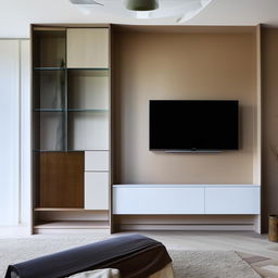 A large, contemporary wall-to-wall TV unit partnered with a wardrobe on the left side featuring a mirror. The lower part of the TV unit is populated with a variety of covered shelves and drawers for ample storage.