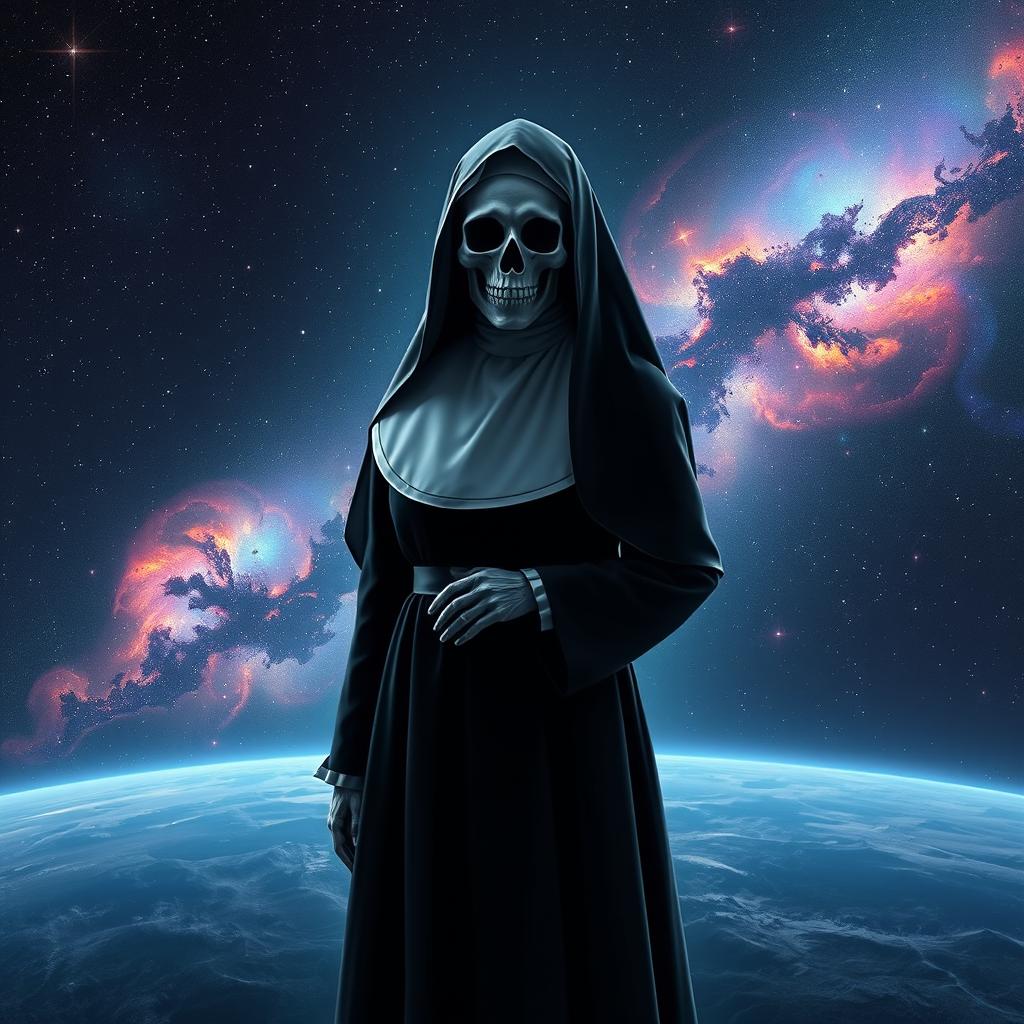 A mysterious nun with a skull face, draped in traditional black and white habits, standing poised in the middle of an endless void in outer space