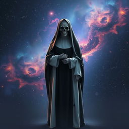 A mysterious nun with a skull face, draped in traditional black and white habits, standing poised in the middle of an endless void in outer space