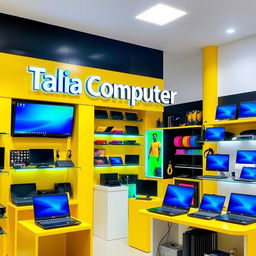 A vibrant computer and laptop store interior featuring a bold sign that reads 'Talia Computer'