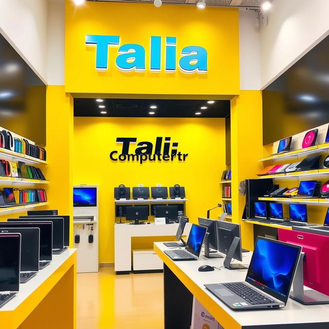 A vibrant computer and laptop store interior featuring a bold sign that reads 'Talia Computer'