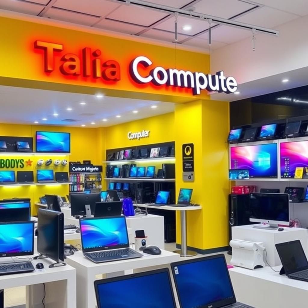 A vibrant computer and laptop store interior featuring a bold sign that reads 'Talia Computer'