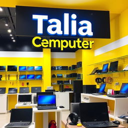 A vibrant computer and laptop store interior featuring a bold sign that reads 'Talia Computer'
