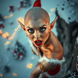 A sexy bald Christmas elf woman with striking blue eyes and bright red lips, depicted in mid-fall off a cliff