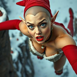 A sexy bald Christmas elf woman with striking blue eyes and bright red lips, depicted in mid-fall off a cliff