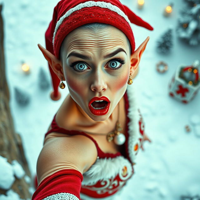 A sexy bald Christmas elf woman with striking blue eyes and bright red lips, depicted in mid-fall off a cliff