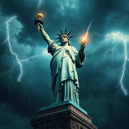 A colossal statue of Liberty, fiercely holding a glowing thunderbolt in her hand, amidst a dramatic stormy sky filled with dark clouds, flashes of lightning illuminating the scene