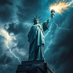 A colossal statue of Liberty, fiercely holding a glowing thunderbolt in her hand, amidst a dramatic stormy sky filled with dark clouds, flashes of lightning illuminating the scene