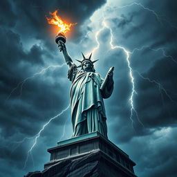 A colossal statue of Liberty, fiercely holding a glowing thunderbolt in her hand, amidst a dramatic stormy sky filled with dark clouds, flashes of lightning illuminating the scene