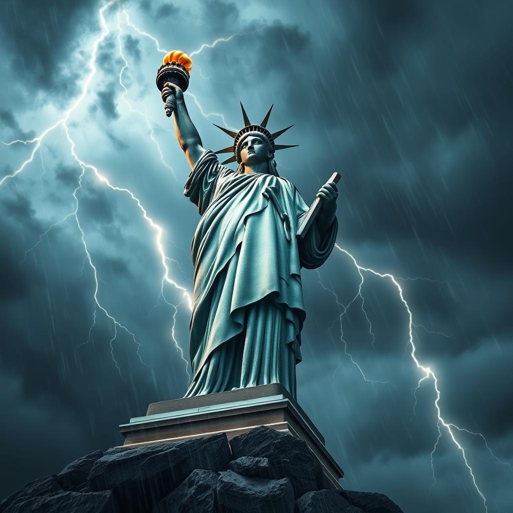 A colossal statue of Liberty, fiercely holding a glowing thunderbolt in her hand, amidst a dramatic stormy sky filled with dark clouds, flashes of lightning illuminating the scene