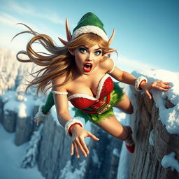 A sexy Christmas elf woman with sparkly green and red attire, long pointy ears, vibrant blue eyes, and luscious red lips