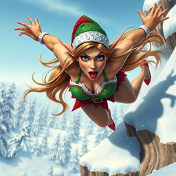 A sexy Christmas elf woman with sparkly green and red attire, long pointy ears, vibrant blue eyes, and luscious red lips