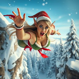 A sexy Christmas elf woman with sparkly green and red attire, long pointy ears, vibrant blue eyes, and luscious red lips