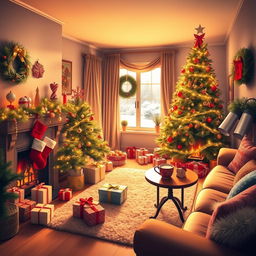 A cozy and festive living room decorated for Christmas 2024, featuring a beautifully adorned Christmas tree with shimmering ornaments and twinkling lights