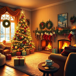 A cozy and festive living room decorated for Christmas 2024, featuring a beautifully adorned Christmas tree with shimmering ornaments and twinkling lights