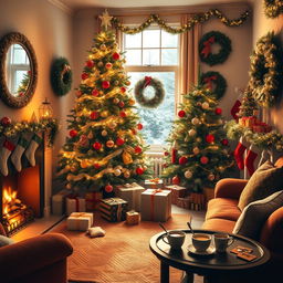 A cozy and festive living room decorated for Christmas 2024, featuring a beautifully adorned Christmas tree with shimmering ornaments and twinkling lights