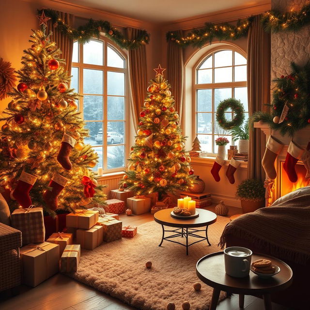 A cozy and festive living room decorated for Christmas 2024, featuring a beautifully adorned Christmas tree with shimmering ornaments and twinkling lights