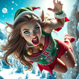 A sexy Christmas elf woman with vibrant blue eyes and luscious red lips, wearing a festive green and red outfit designed with intricate patterns, is dramatically falling off a snowy cliff