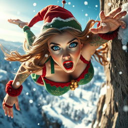 A sexy Christmas elf woman with vibrant blue eyes and luscious red lips, wearing a festive green and red outfit designed with intricate patterns, is dramatically falling off a snowy cliff