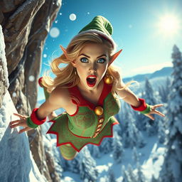A sexy Christmas elf woman with vibrant blue eyes and luscious red lips, wearing a festive green and red outfit designed with intricate patterns, is dramatically falling off a snowy cliff