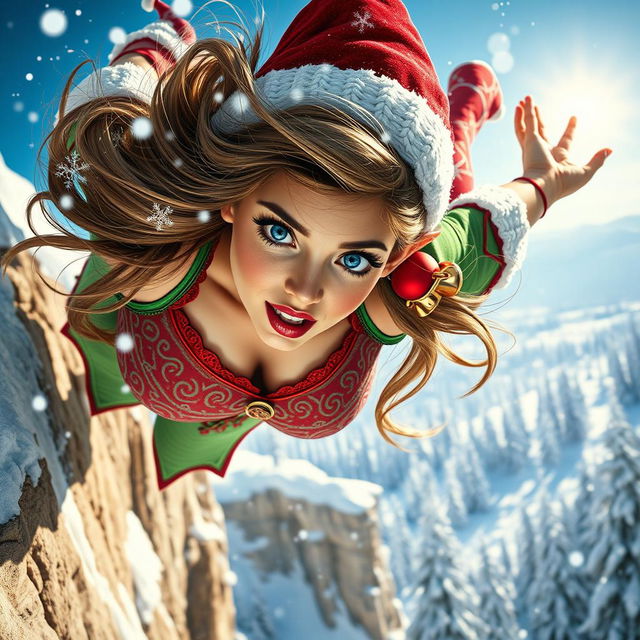 A sexy Christmas elf woman with vibrant blue eyes and luscious red lips, wearing a festive green and red outfit designed with intricate patterns, is dramatically falling off a snowy cliff