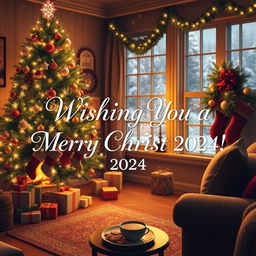 A cozy and festive living room decorated for Christmas 2024, featuring a beautifully adorned Christmas tree with shimmering ornaments and twinkling lights