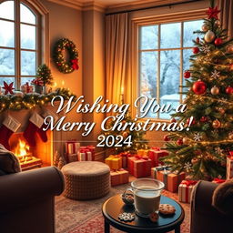A cozy and festive living room decorated for Christmas 2024, featuring a beautifully adorned Christmas tree with shimmering ornaments and twinkling lights
