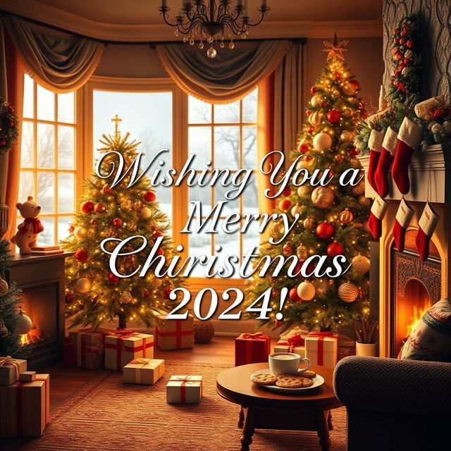 A cozy and festive living room decorated for Christmas 2024, featuring a beautifully adorned Christmas tree with shimmering ornaments and twinkling lights