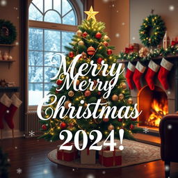 A festive Christmas scene featuring a beautifully decorated tree with twinkling lights, colorful ornaments, and a star on top