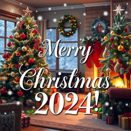 A festive Christmas scene featuring a beautifully decorated tree with twinkling lights, colorful ornaments, and a star on top