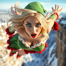 A sexy blonde Christmas elf woman with sparkling blue eyes and luscious red lips, wearing a festive green and red outfit with delicate details, is dramatically falling from a cliff
