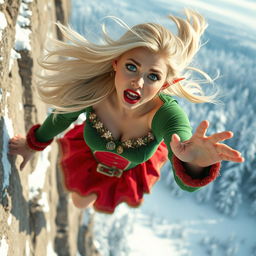A sexy blonde Christmas elf woman with sparkling blue eyes and luscious red lips, wearing a festive green and red outfit with delicate details, is dramatically falling from a cliff