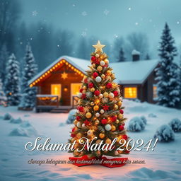 A festive Christmas greeting card for 2024, featuring a snowy winter landscape with a beautifully decorated Christmas tree in the foreground